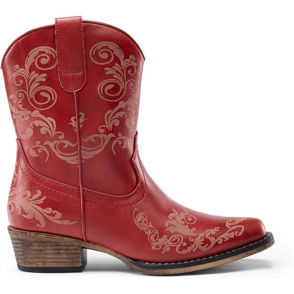 🆕 Red Faux Leather Women's Cowboy Cowgirl Western Ankle Boots Chunky Low Heel - Picture 4 of 7